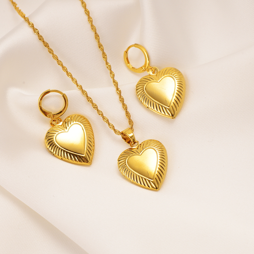 

18k Yellow Solid Fine Gold GF Necklace Earring Indian Ethnic Heart Pendant Chain Women Jewelry Sets Chains wedding party, Golden