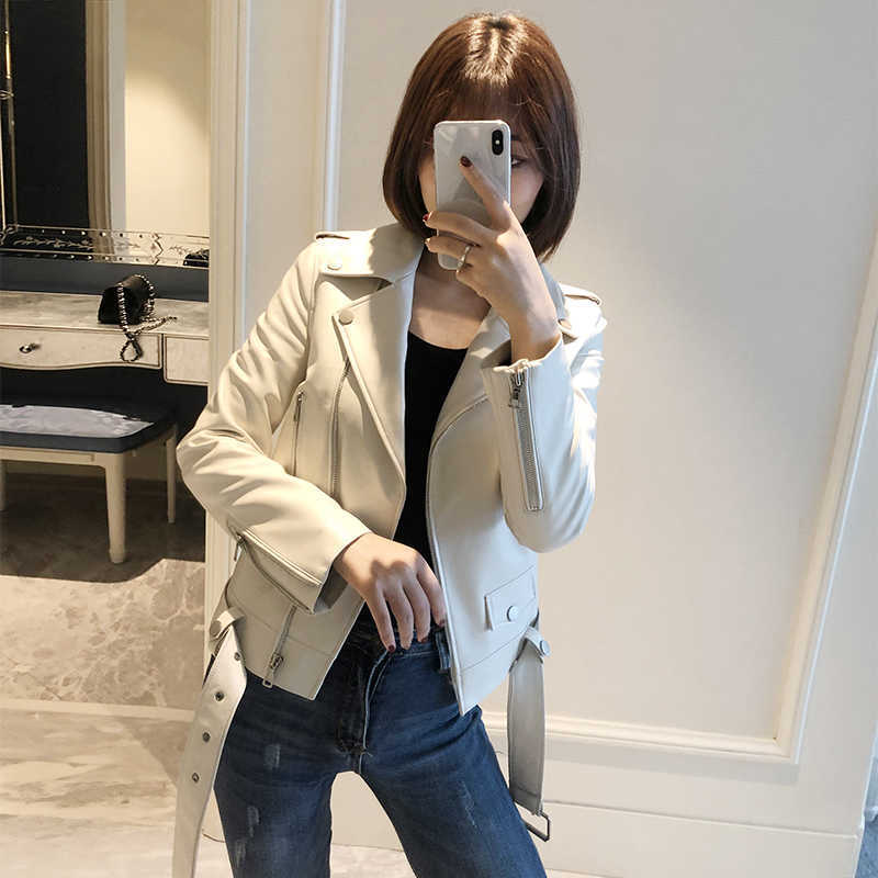 

LY VAREY LIN Spring Autumn Women Korean Style Faux Leather Jacket Turn-down Collar Long Sleeve With Belt Pocket PU Coat 210526, White