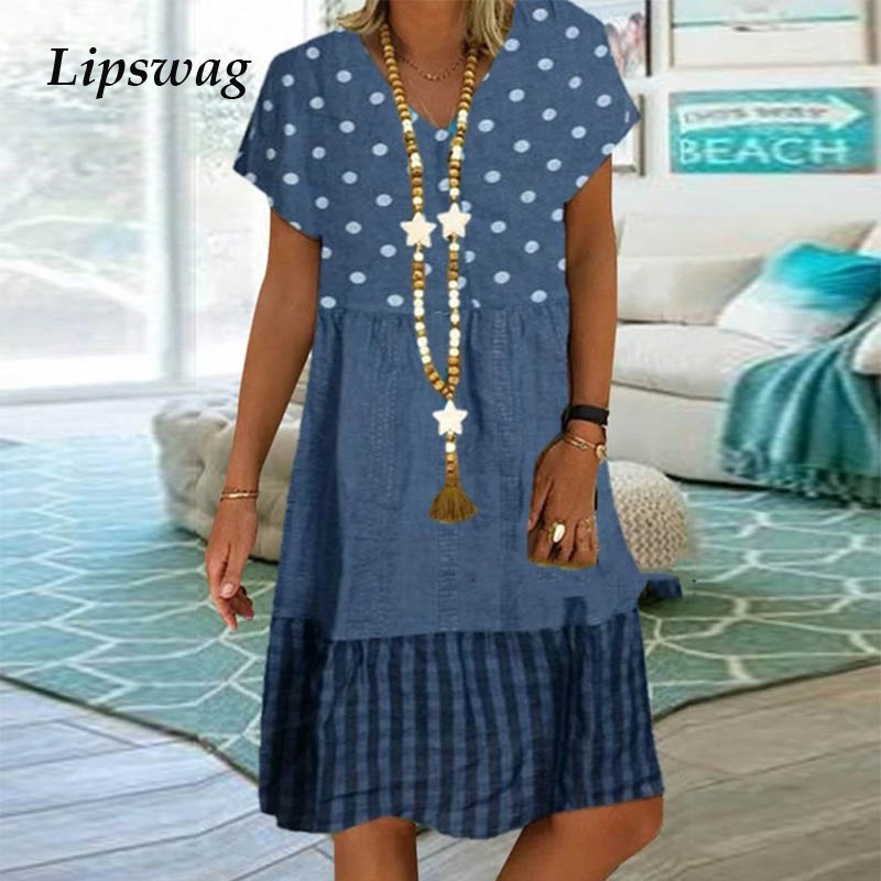 

vintage short sleeve beach dress casual polka dot and plaid patchwork print dress summer v neck women party dress vestidoshigh quality, Black;gray