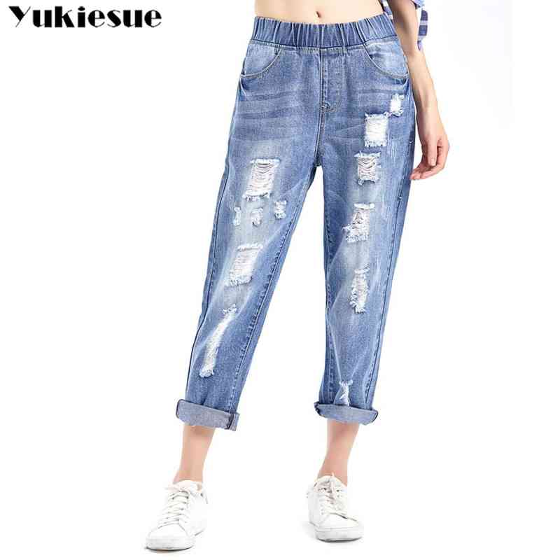 

Ripped jeans for women with high waist elastic loose boyfriend cowboys jeans woman denim harem pants woman's jeans Plus size 5XL 210519, Blue