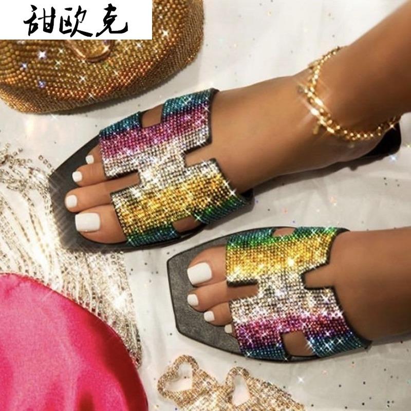 

Summer Fashion Women Shoes Sexy Flat Bottom Rhinestones Outer Wear Woman Sandals Open Toe Leaky Heel Plus Size Slippers, Black