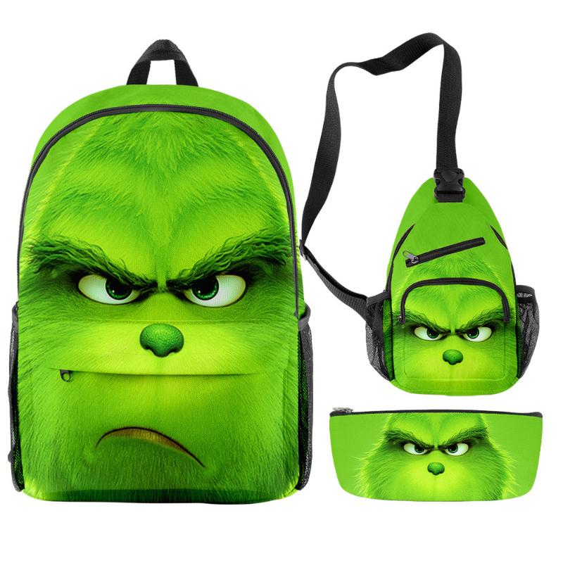

Backpack Green Monster 3PCS/Set For Boys 3D Printed Cartoon Waterproof Schoolbag Teenager Girls Travel Laptop, Black