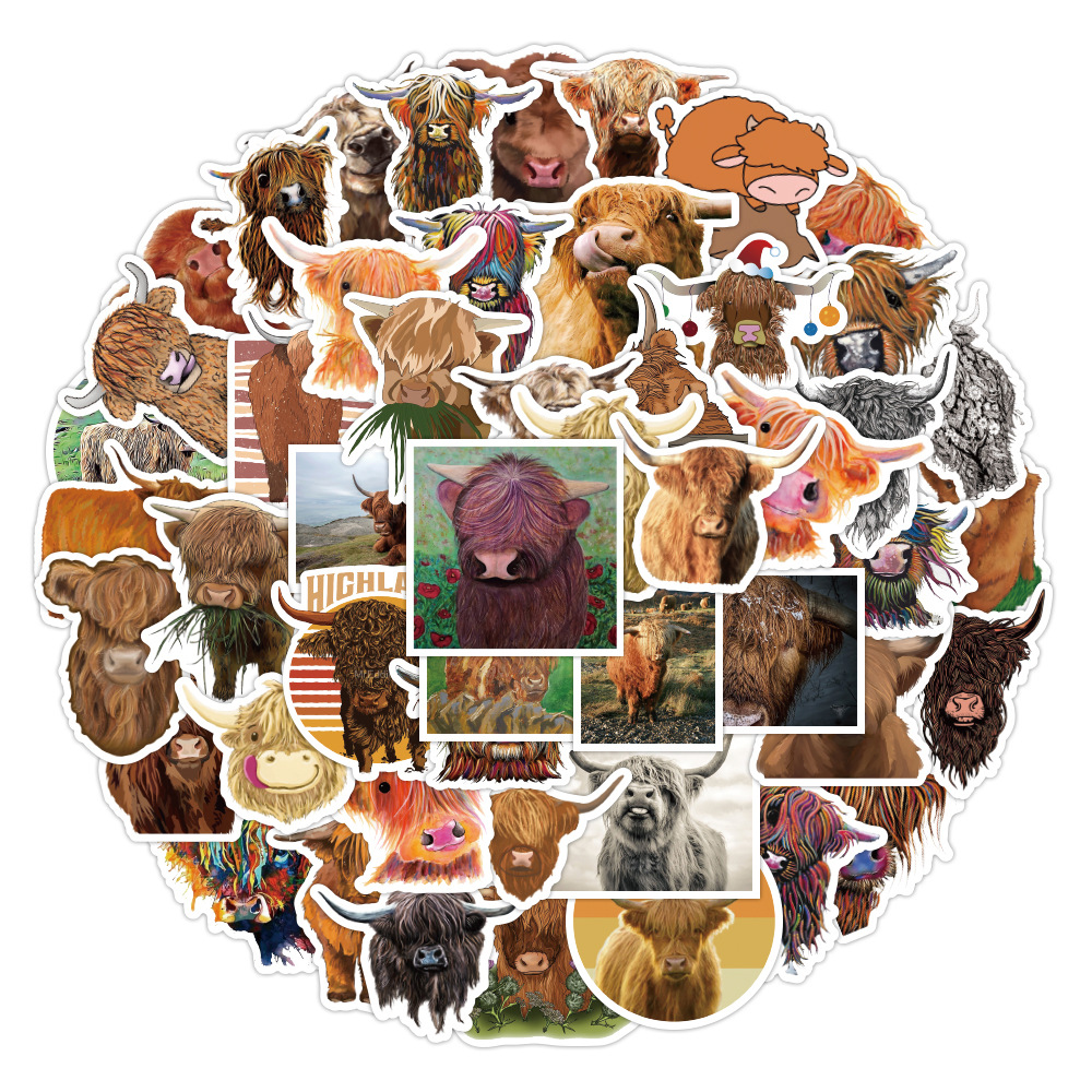 

50pcs/set poster Small waterproof Skateboard stickers highland cattle Animals Graffiti For notebook laptop bottle Helmet Car sticker PVC Guitar Decals, Multi colors