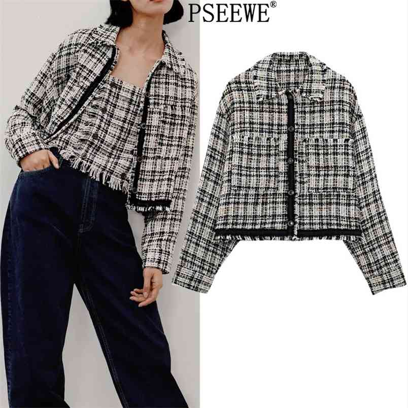 

Tweed Checked Jacket Woman Spring Vintage Pockets Long Sleeve Plaid Short Female With Buttons Outerwear 210519