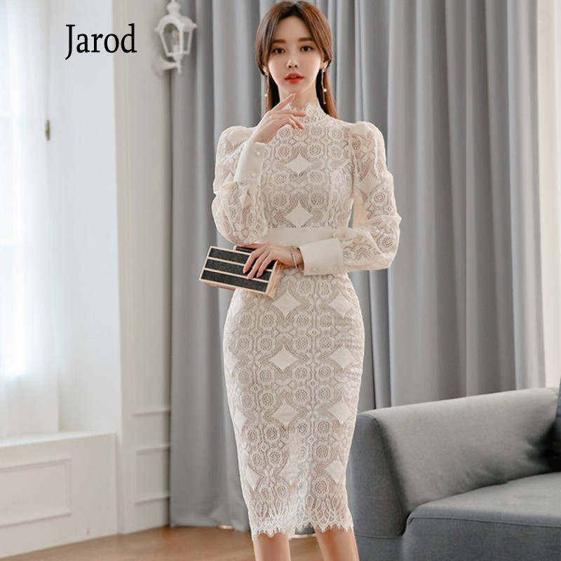 

White Lace Bodycon Dress Autumn Women elegant Office OL stand collar Long Sleeve Midi Pencil Dresses 210518, Photo color