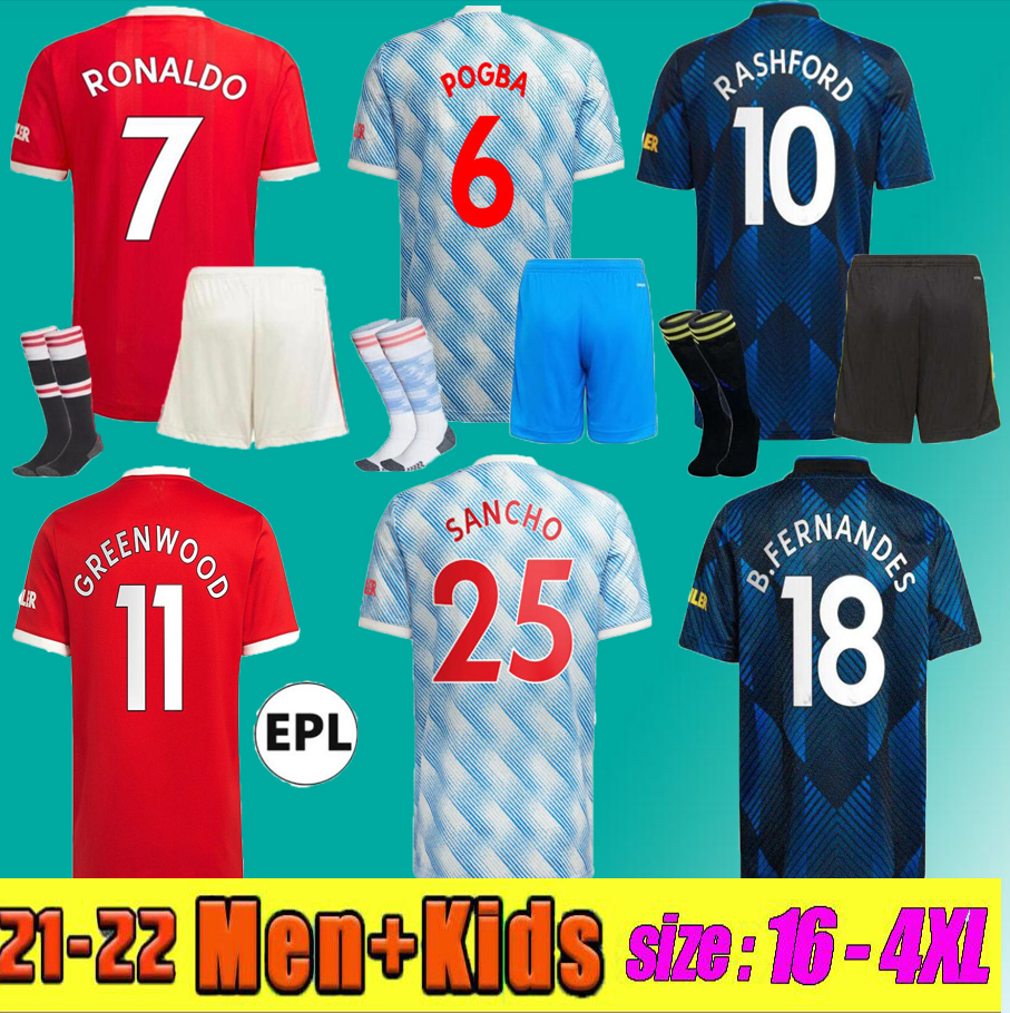 

21 22 SANCHO VARANE soccer jerseys Fans Player version SHAW BRUNO FERNANDES LINGARD POGBA RASHFORD CAVANI Top man football shirt 2021 2022 men kids kit sets, Red