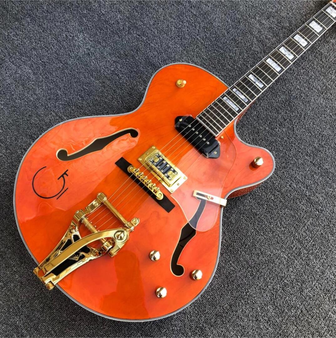 

Orange G6120 Eddie Cochran Tribute Jazz Semi Hollow Body Electric Guitar Bigs Tremolo Bridge, Black P 90 Pickup, Gold Hardware, Double F Holes