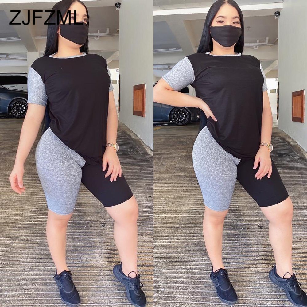 

Casual Color Block 2 Piece Matching Sets O Neck Short Sleeve Top Above Knee Biker Shorts Jogger Slim Fit Suits Women Plus Size 210520, Gray