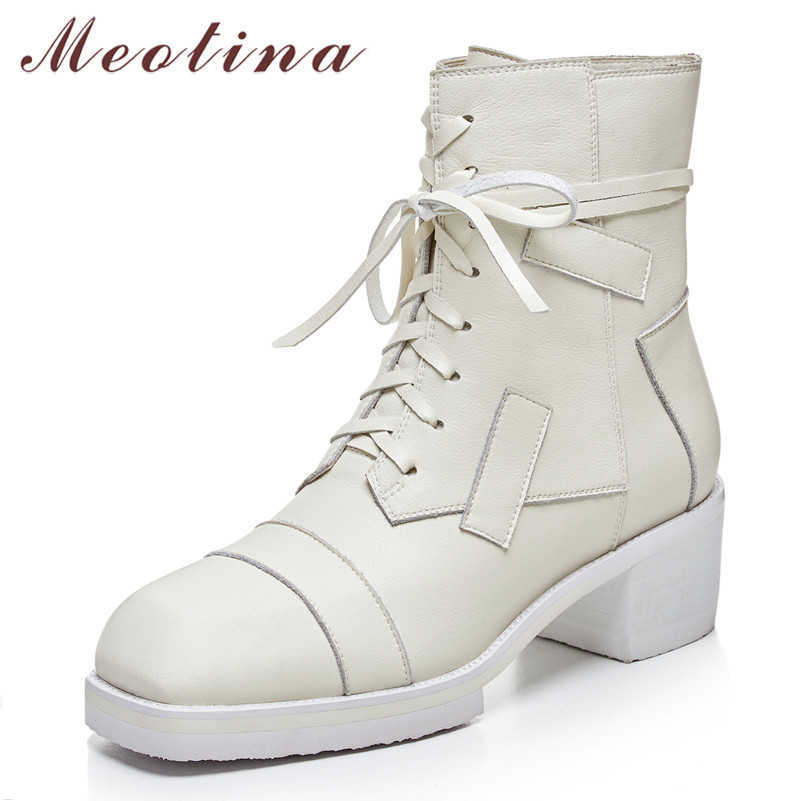 

Meotina Autumn Ankle Boots Women Natural Genuine Leather Chunky Heel Short Boots Zipper Square Toe Shoes Lady Winter Size 34-39 210608, Black