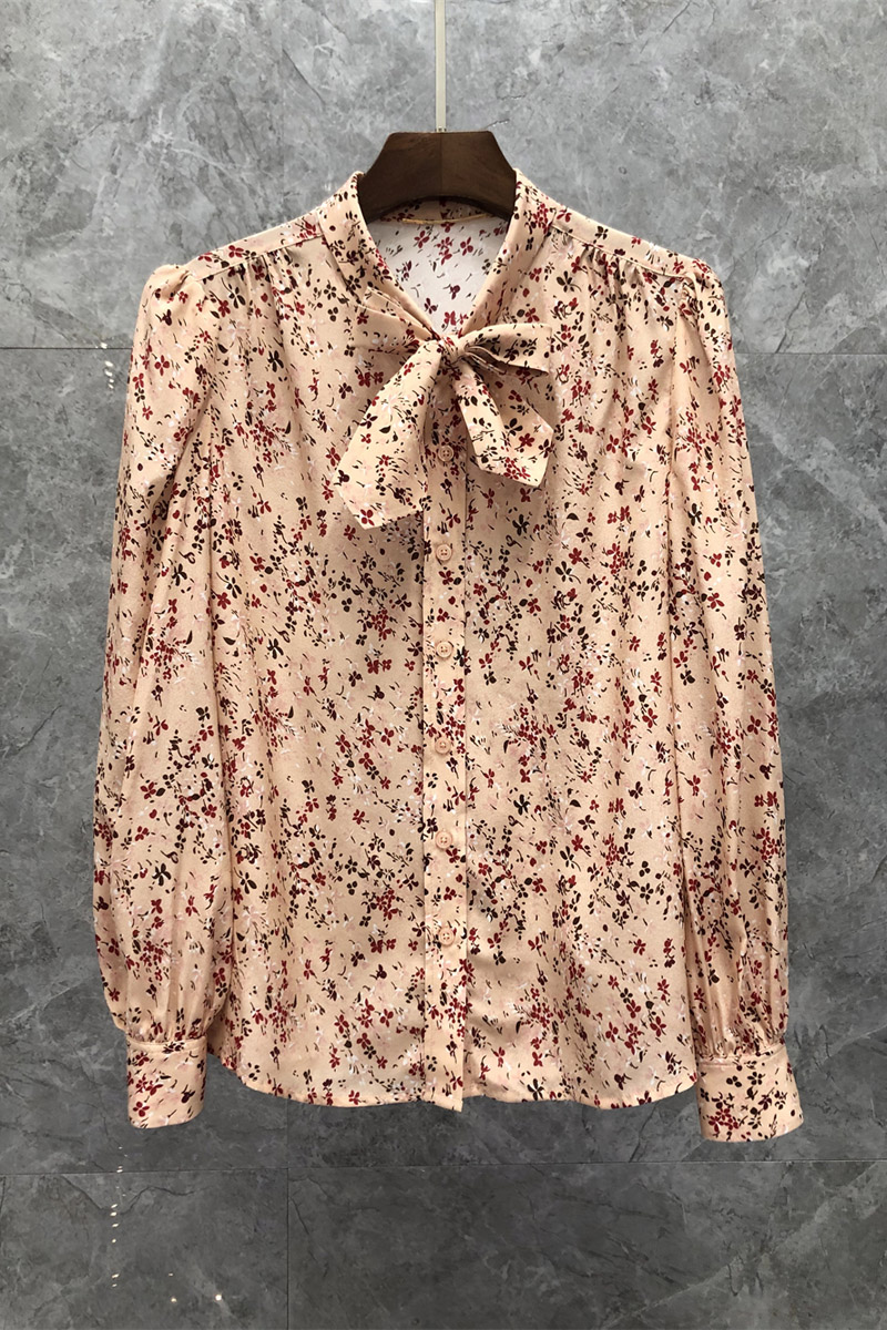 

Xiaozi West Stand Collar Ribbon Floral Elegant Shirt Womens Autumn European Goods New Niche Hong Kong Style Blouse 9Y, Apricot red