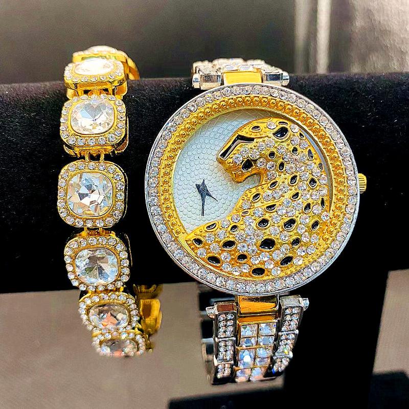 

Wristwatches 2pcs Iced Out Watch For Women Bling Bracelet Leopard Fashion Luxury Diamound Watches Jewelry Reloj De Mujer, Slivery;brown