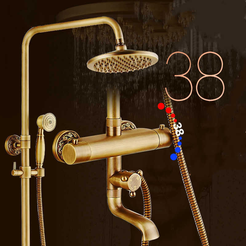 

European Antique Thermostatic Faucet Shower Set Brass Retro Smart Thermostatic Mixer Shower Head Bathroom Shower Set X0705