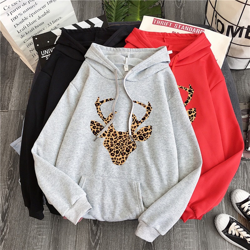 

The new cotton thin leopard print deer head hoodie female autumn and winter style hooded INS students Korean version of loose women' coat, Beige