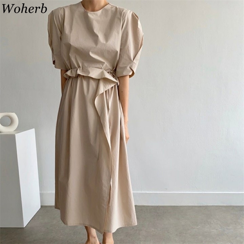 

Summer O-neck Long Women Dress Casual Short Sleeve Slim Waist Ruffle Robe Korean Chic A-line Dresses Elegant Vestido 210519, Black