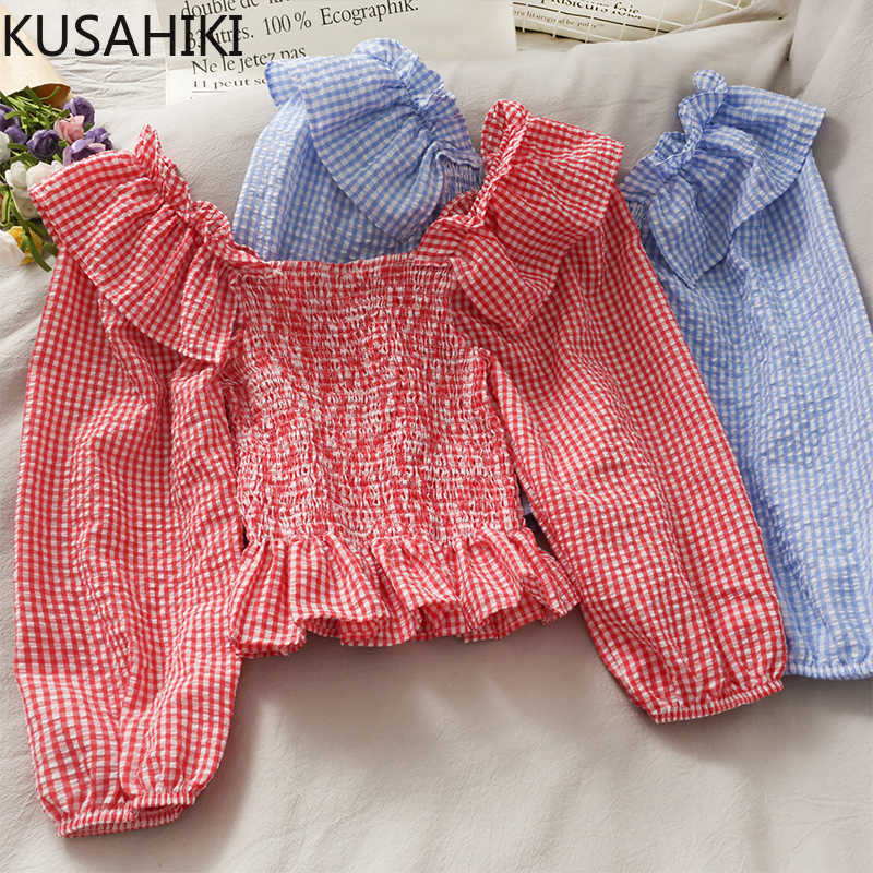 

Korean Plaid Womens Tops Ruffle Square Collar Puff Sleeve Blouses Spring Summer Strecth Slim Blusas Mujer 6F956 210603, Pink