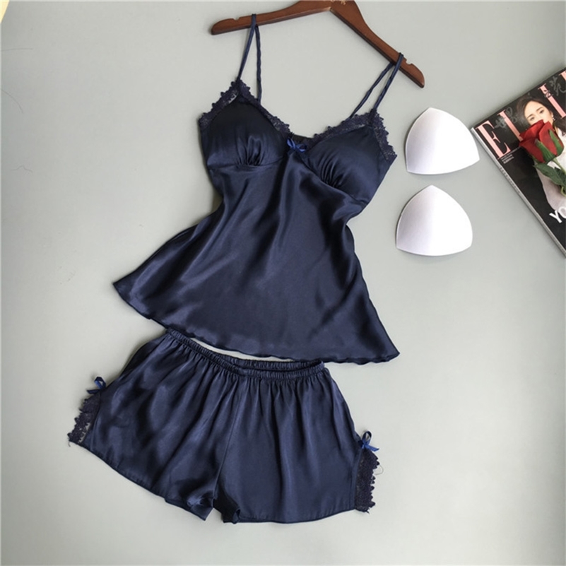 

Cotton Two Piece Set Women Sleepwear Silk Pajamas Sexy Chest Pad Nightwear Women Summer Lace Homewear Women Lingerie 210518, Black