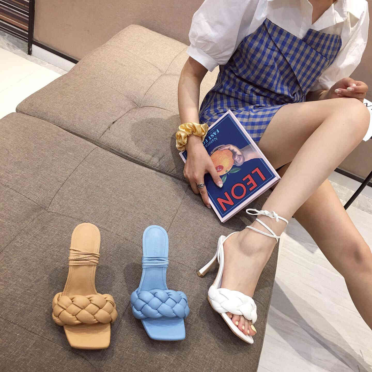 

Sandals Woman Summer Thin High Heels Weave Square Toe Slippers Ladies Heel Sexy Leather Shoes Big Size IJ4G, Blue