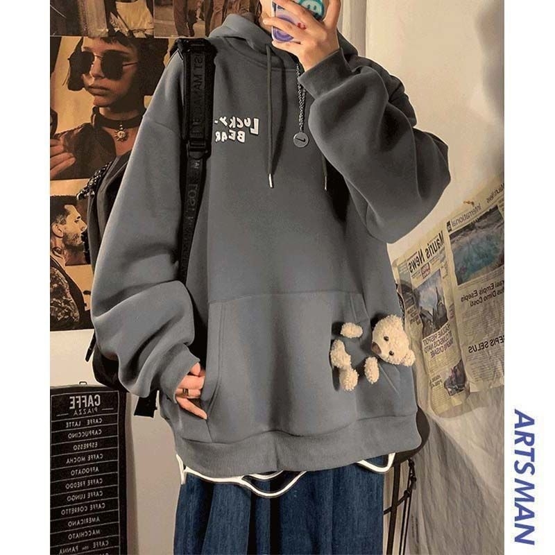 

Little bear suit 21 autumn winter Plush sweater pants a set of handsome matching men's loose trend, Black