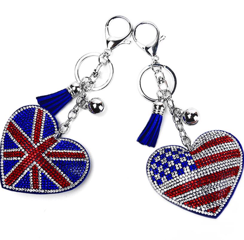 

Creative british and american flag pattern Key Rings with filled rhinestone fashion bag pendant Ladies luggage car accessories, Slivery;golden