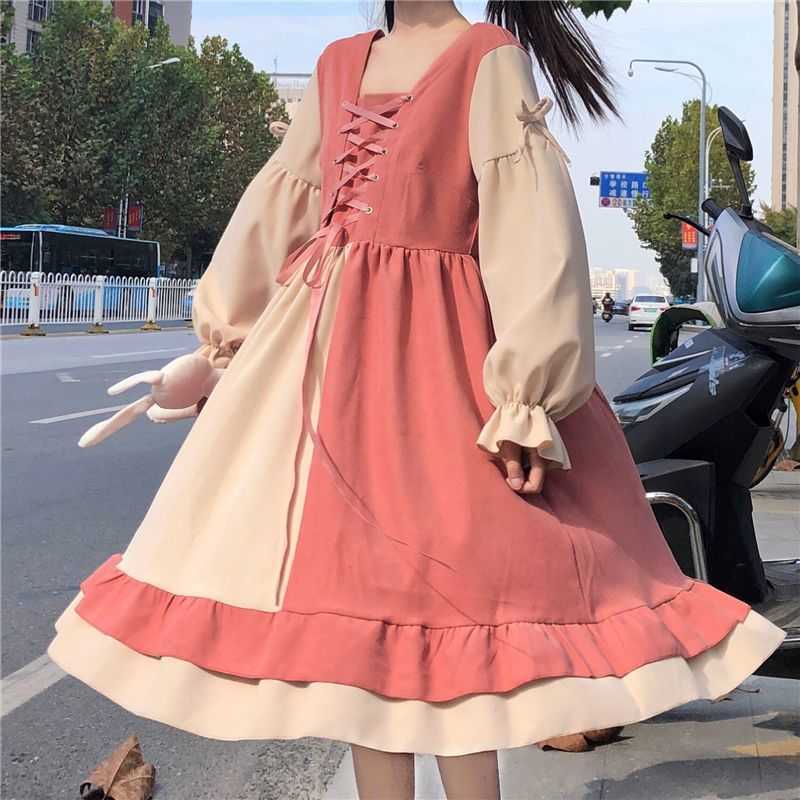 

Japan navy collar dress female preppy style small girl fresh Kawaii sweet Lolita long skirt ss lovely women streetwear 210526, Pink square
