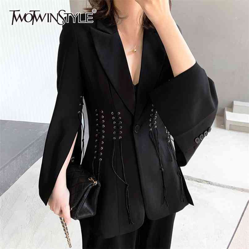 

Casual Black Tunic Spring Blazer For Women Notched Long Sleeve Split Blazers Female Fashion Clothing 210524