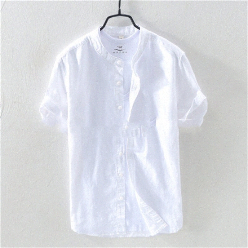 Men's Shirt Plain Stand Collar Casual Daily Short Sleeve Tops Cotton Simple Casual Breathable Comfortable Light Yellow Gray / Navy White L8D9#