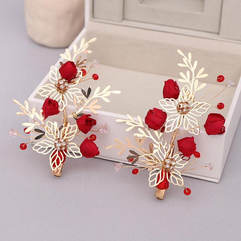 

Hair Clips & Barrettes Vintage Chinese Style Bridal Crystal Clip Shiny Rhinestone Handmade Red Flower Alloy Women Grips LB, Golden;silver