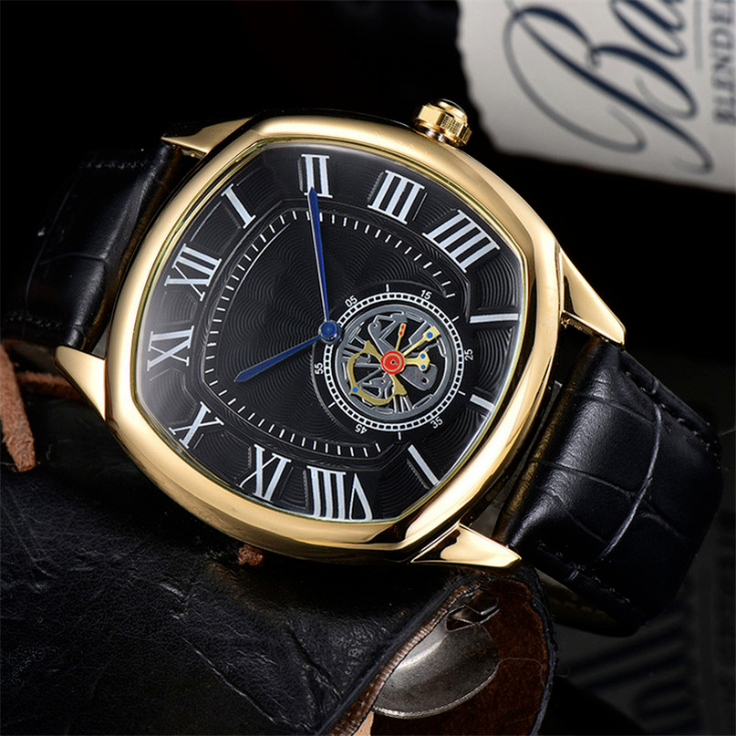 

2-Men gold watch business designer simple Roman numeral dial fashion quartz movement leather strap sports military, No watch