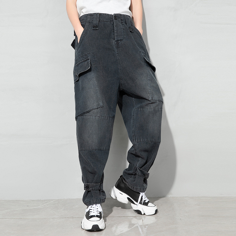 

pants trousers dark black 2021 spring wash pocket jeans hip hop fashion brand large size harem 9119, Black;white