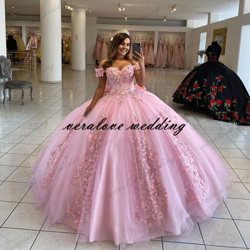 

Pink Quinceanera Dresses Ball Gown Off Shoulder 3D Rose Flowers Puffy Sweet 16 Dress Celebrity Party Gowns Graduation, Burgundy