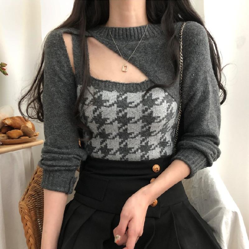 

Women' Sweaters Women Two Piece Clothes Sets Asymmetric Knitted Smock Tops Bolero Camisole Crop Top Jumpers Female Outfit Suit Winter, Khaki