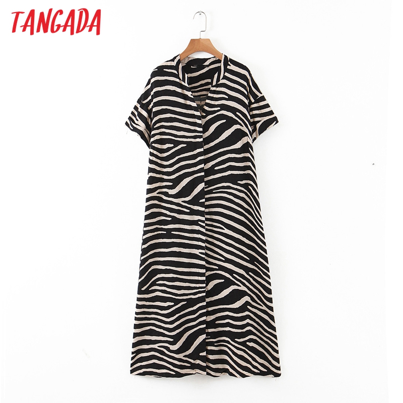 

Tangada 2021 fashion women animal print summer dress loose short sleeve ladies midi dress HY225, Black