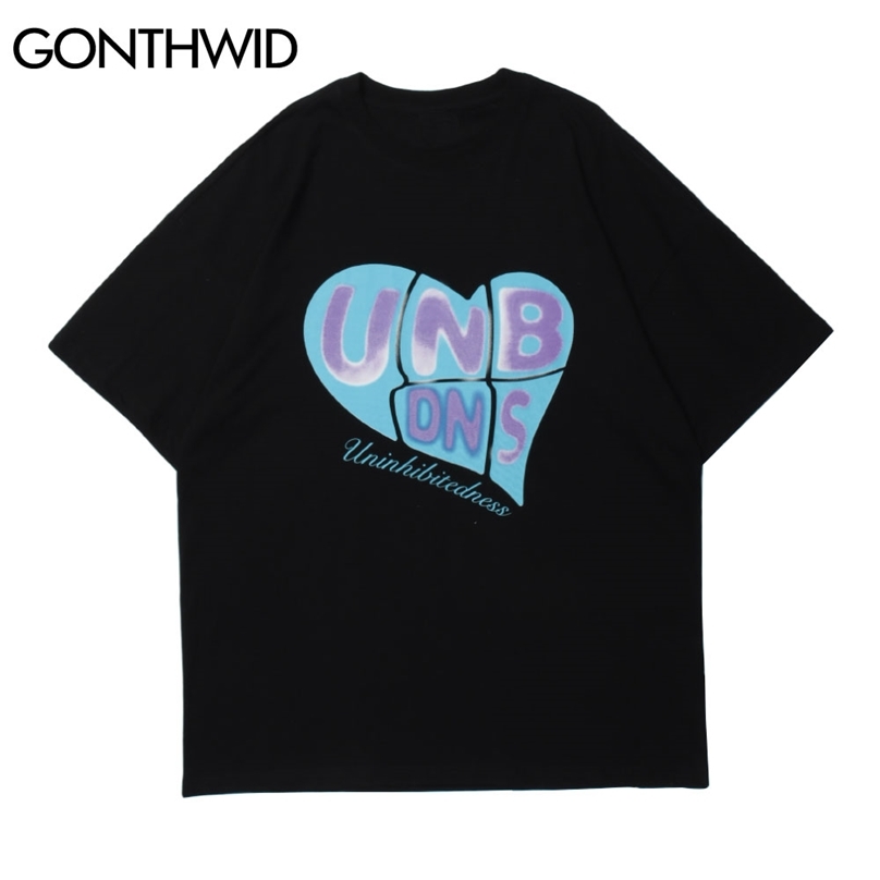 

T-Shirts Gothic Punk Rock Hip Hop Streetwear Men Letter Heart Print Cotton Casual Loose Harajuku Short Sleeve Tees Tops 210602, Black