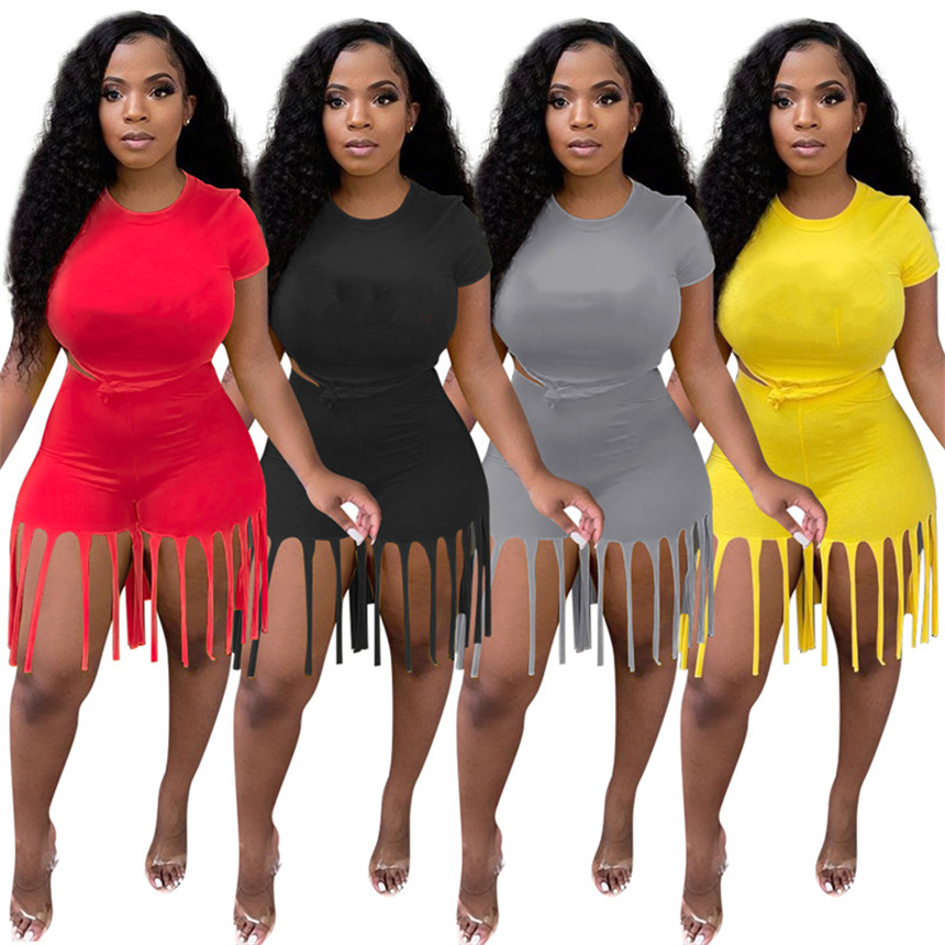 

Plus size Women summer outfits sports Tracksuits tassel Two piece sets casual jogger suit strapless short sleeve t shirt+short pants 5246, Mix color