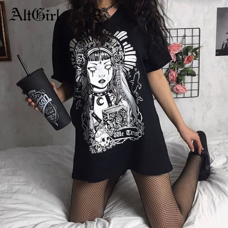 

AltGirl Dark Goth T-shirt Women Punk Witch Print Short Sleeve Loose Graphic Tees Y2K Street Ins Chic Fashion Sexy Tumblr Clothes, Belt