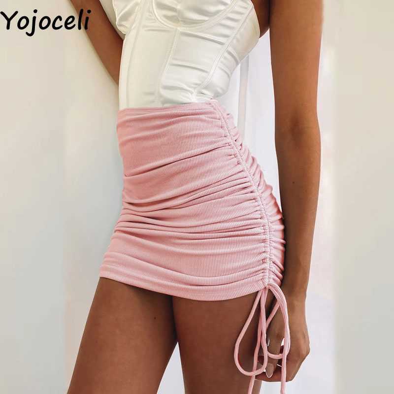 

Yojoceli Elegant pleated sexy short bodycon skirts Autumn knitted club casual skirt Female black mini bottom 210609, White