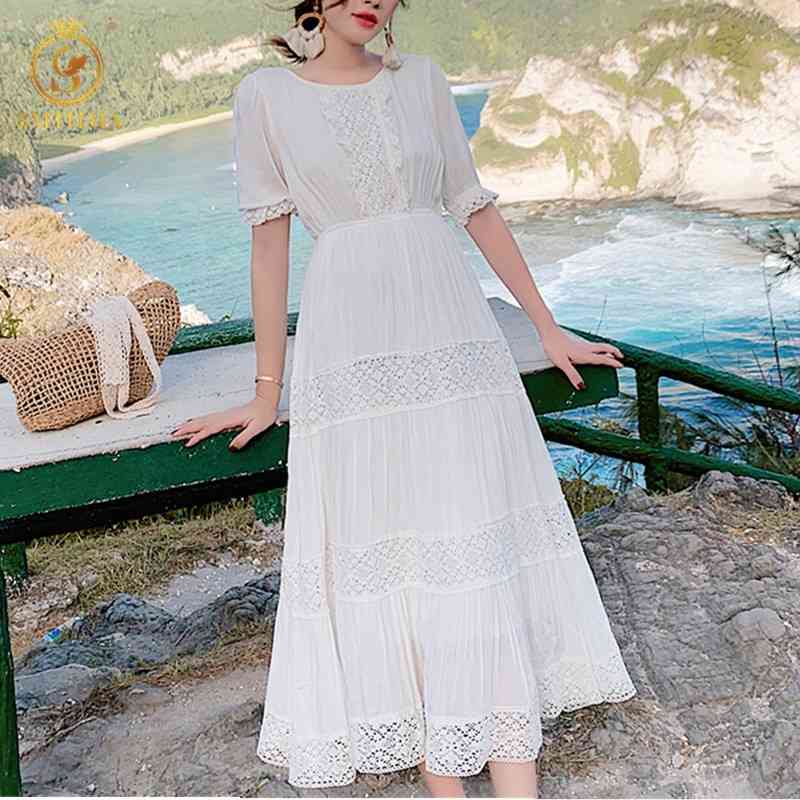

Fashion Ladies Boho Lace Patchwork Dress Women Casual Mid-Length Holiday Summer Female High Waist Beach es 210520, Photo color