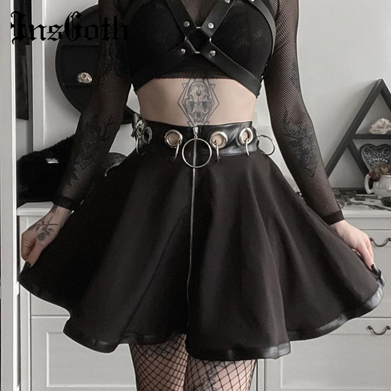 

InsGoth Women Black Mini Skirts Gothic Punk Ring Zipper High Waist Female Streetwear Skirts Fashion Party A-line Skirt