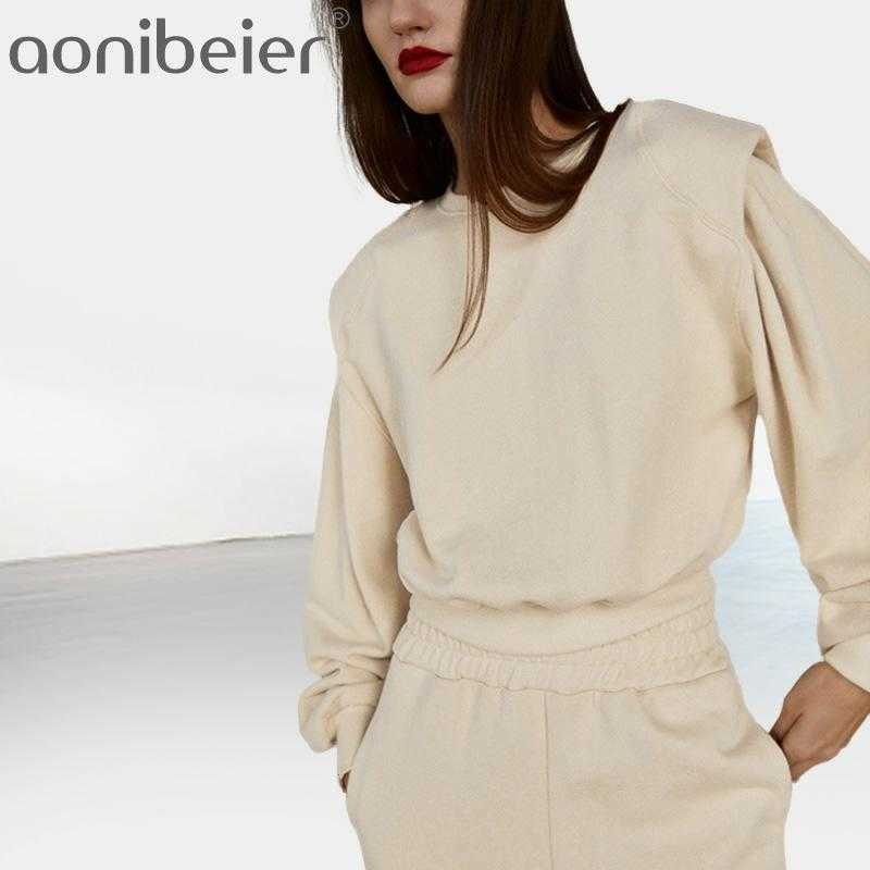 

Autumn Casual Streetwear Women Sweatshirt Round Neck lantern Sleeve Loose Top Cotton Full Pullovers 210604, Beige