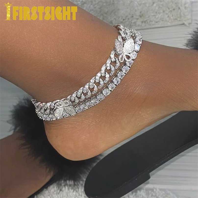 

Parking CZ Baguette Butterfly Anklet 10mm Iced Out Bling Miami Cuban Link Gold Silver Color Anklets Women Hiphop Jewelry 211018