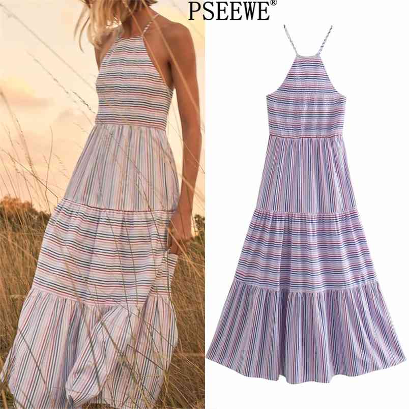 

Striped Summer Long Dresses Women Thin Strips Backless Sexy Woman Elastic Waist Ruffle Boho Beach 210519