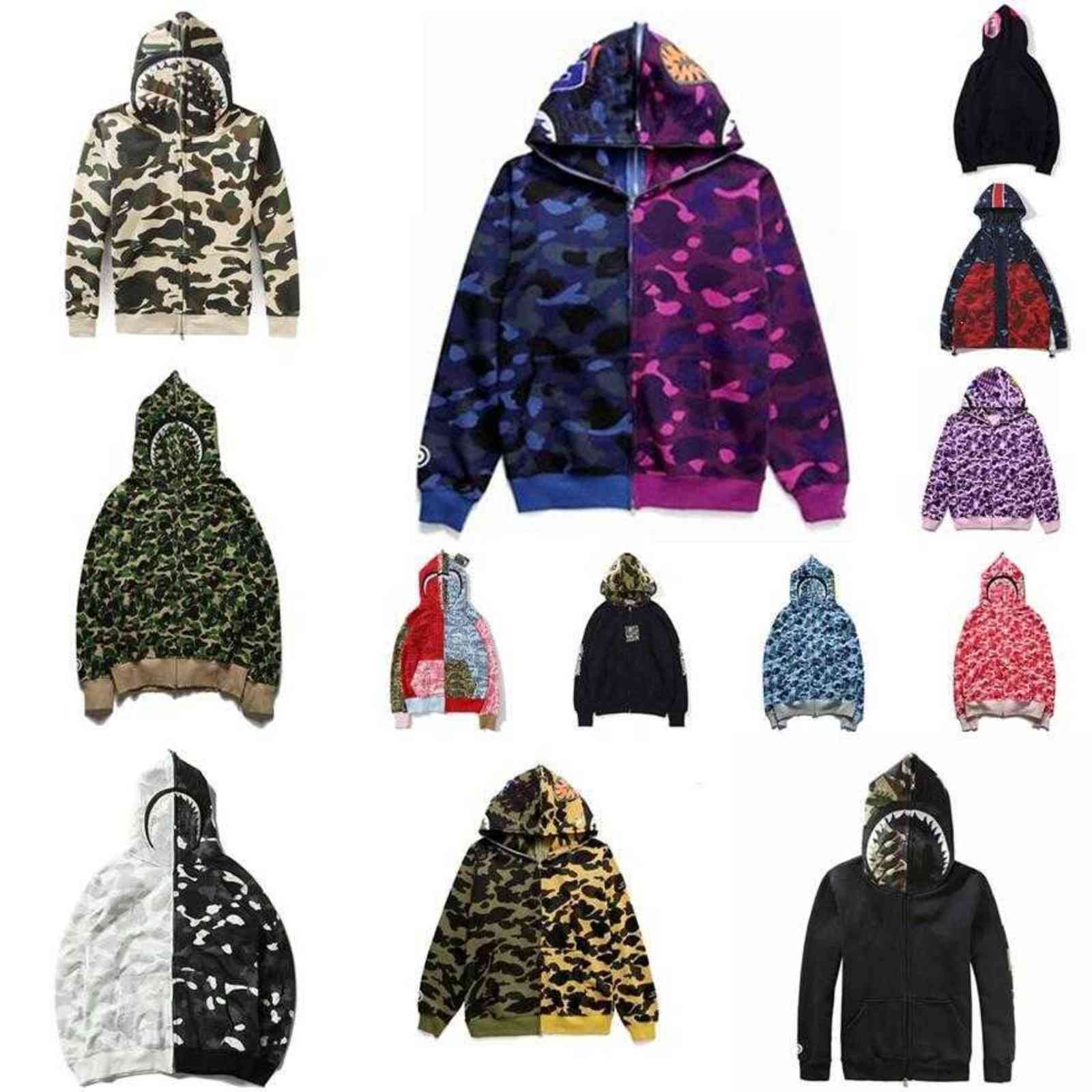

Tee men zip-front shark hoodie camouflage print batching ape Sweatshirt cardigan Hoodies Hip Hop Letters Long Sleeve Plush mens womens