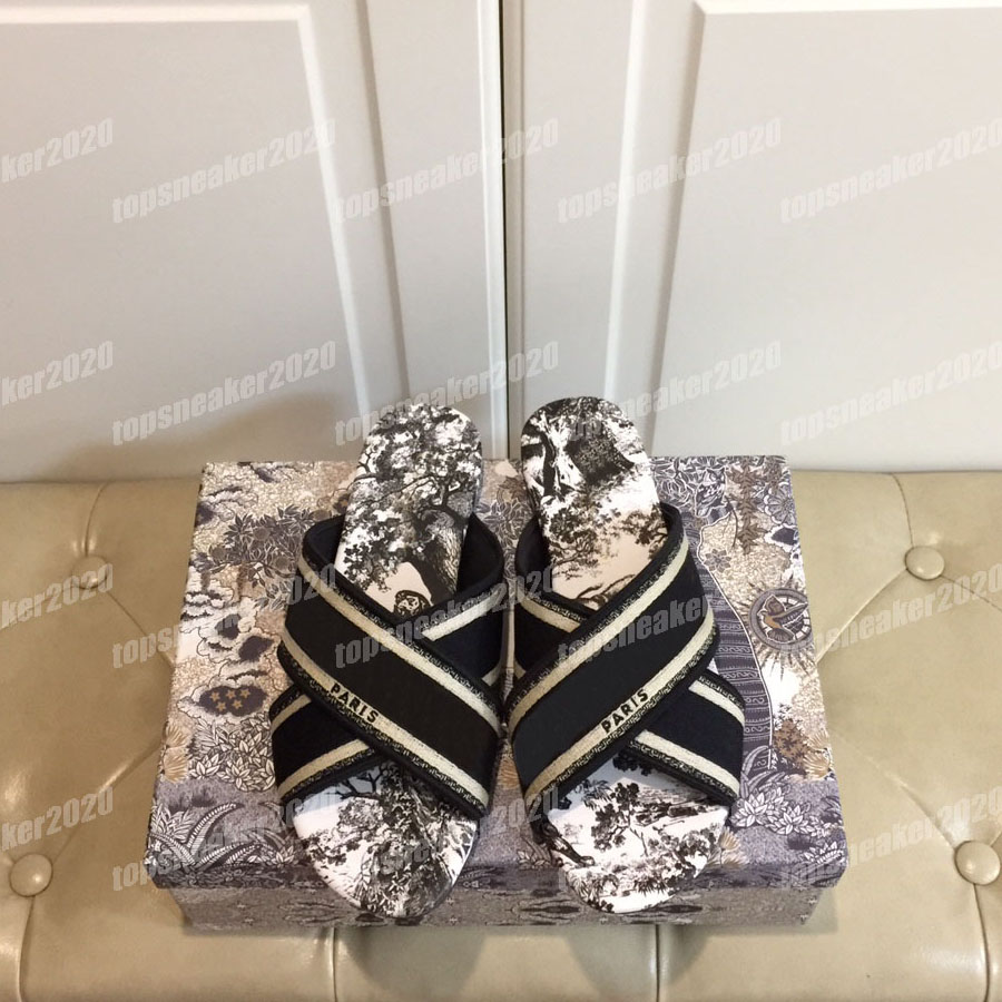 

Paris Womens Slippers Sandals Beach Slides Girls Flat Scuffs Shoes Summer Ladies Flip Flops Knitted Cross Embroidery Slipper With Box, Black