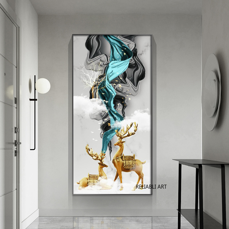 

Nordic Poster Abstract Golden Deer Blue Ribbon Gold Tree Leaf Room Wall Decorations Canvas Paintings Corridor Luxury Home Decor