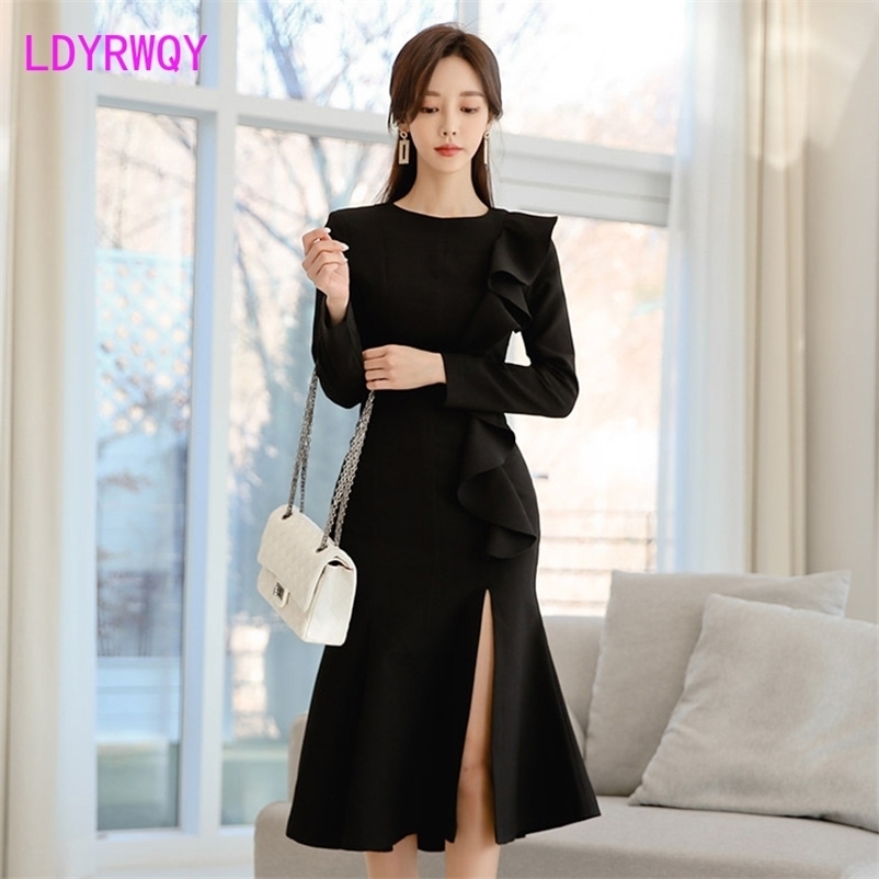 

LDYRWQY] Women' Spring Korean Style Temperament Round Neck Ruffled Slim Waist Fishtail Dress 210603, Black