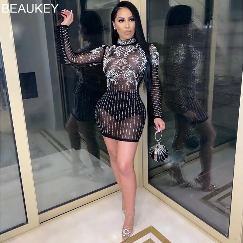 

Casual Dresses BEAUKEY 2021 Long Sleeves Sexy Black Bandage Dress Bodycon Women Pearl Beaded Mesh High Quality Party Club Twinkling Star