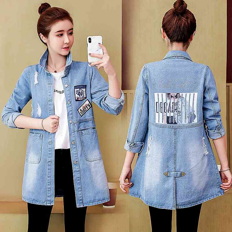 

Printed hot diamond windbreaker coat women' Korean version 2020 autumn new slim denim women, Sky blue