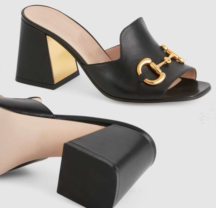 

Women Leather Horsebit Slipper Sandal Gold-toned Hardware Outdoor Designer Lady Wide Strap High Heel Block Rubber Sole Slide Sandals, Slipper dustbag