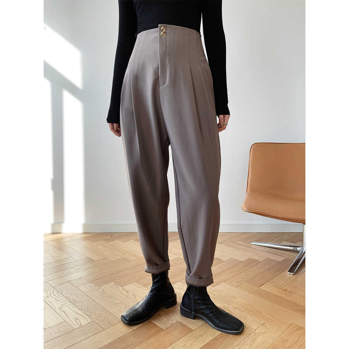 

High Waist Trousers Fashion Straight Suit Pants Women Spring Autumn Korean Vertical Casual Harem 210607, Coffee