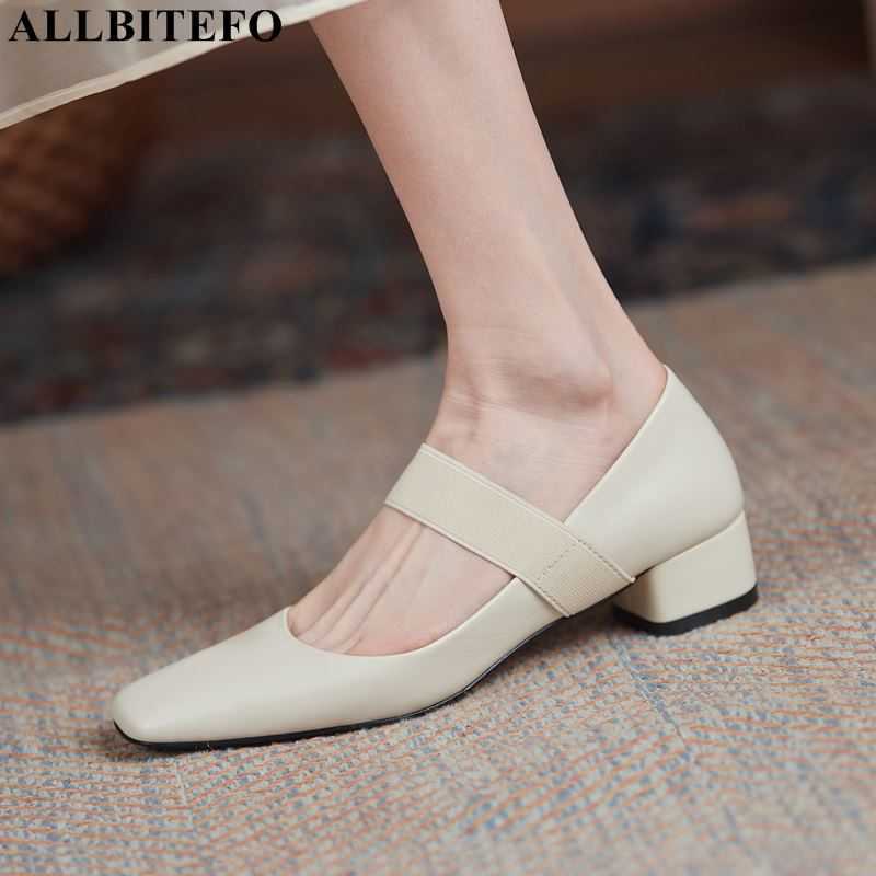

ALLBITEFO genuine leather thick heels party women shoes square toe women heels shoes high heels shoes stiletto 210611, As picture